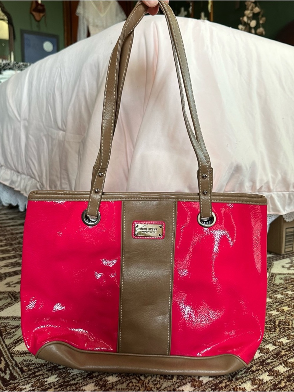 Nine West Hot Pink Patent Tote with Taupe Trim